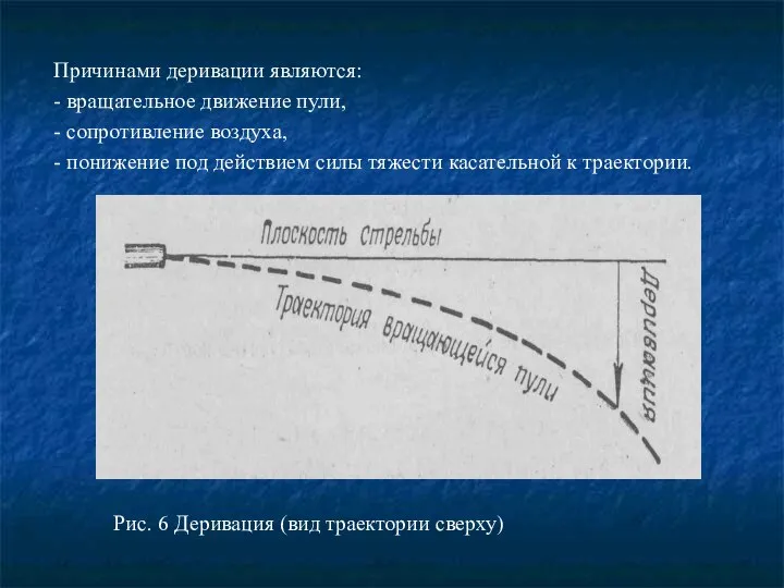 Причинами деривации являются: - вращательное движение пули, - сопротивление воздуха, -