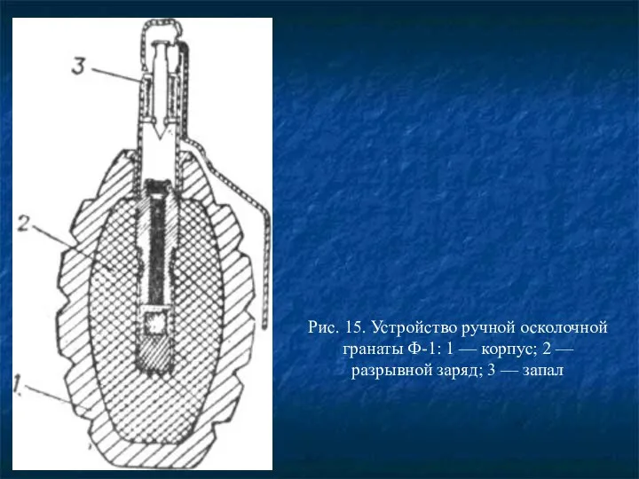 Рис. 15. Устройство ручной осколочной гранаты Ф-1: 1 — корпус; 2