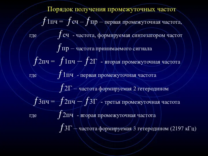 Порядок получения промежуточных частот ƒ1пч = ƒсч – ƒпр – первая