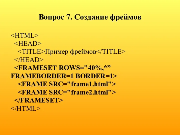 Вопрос 7. Создание фреймов Пример фреймов FRAMEBORDER=1 BORDER=1>