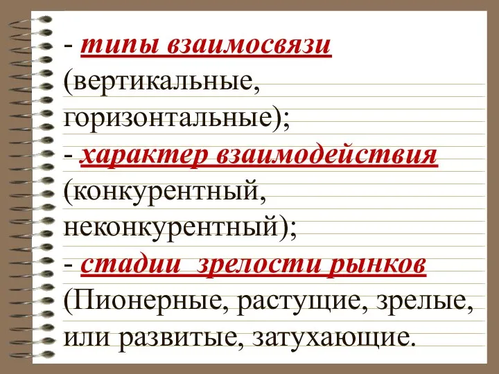 - типы взаимосвязи (вертикальные, горизонтальные); - характер взаимодействия (конкурентный, неконкурентный); -