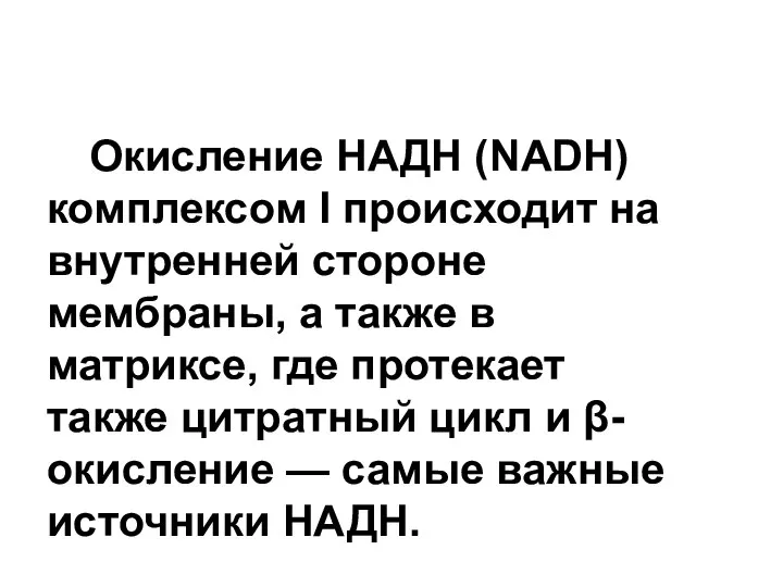 Окисление НАДН (NADH) комплексом I происходит на внутренней стороне мембраны, а