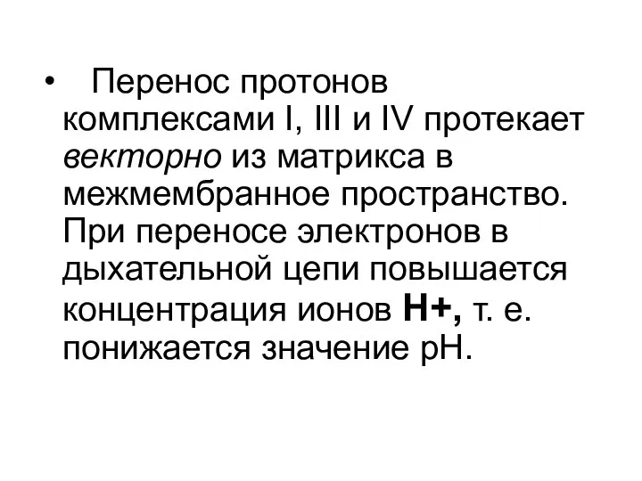 Перенос протонов комплексами I, III и IV протекает векторно из матрикса