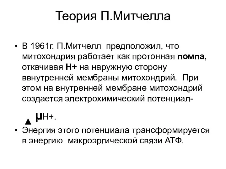 Теория П.Митчелла В 1961г. П.Митчелл предположил, что митохондрия работает как протонная