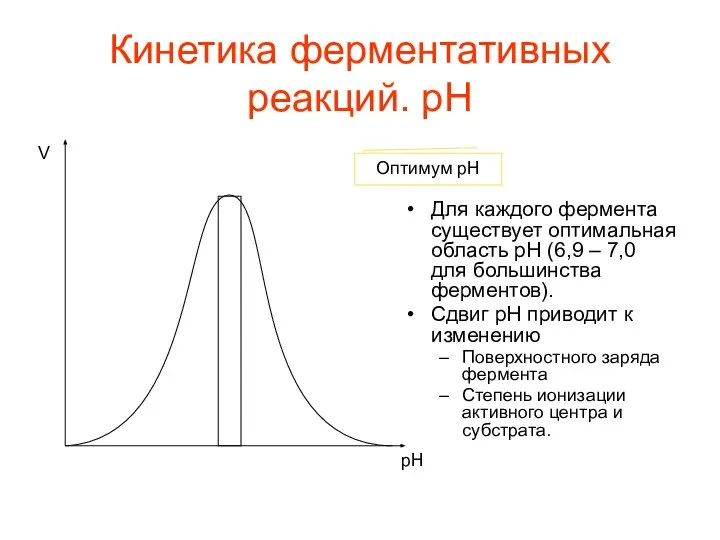 Кинетика ферментативных реакций. pH Для каждого фермента существует оптимальная область pH