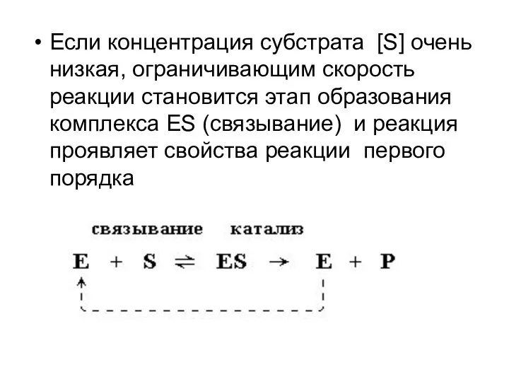 Если концентрация субстрата [S] очень низкая, ограничивающим скорость реакции становится этап