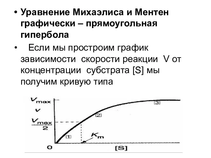 Уравнение Михаэлиса и Ментен графически – прямоугольная гипербола Если мы простроим
