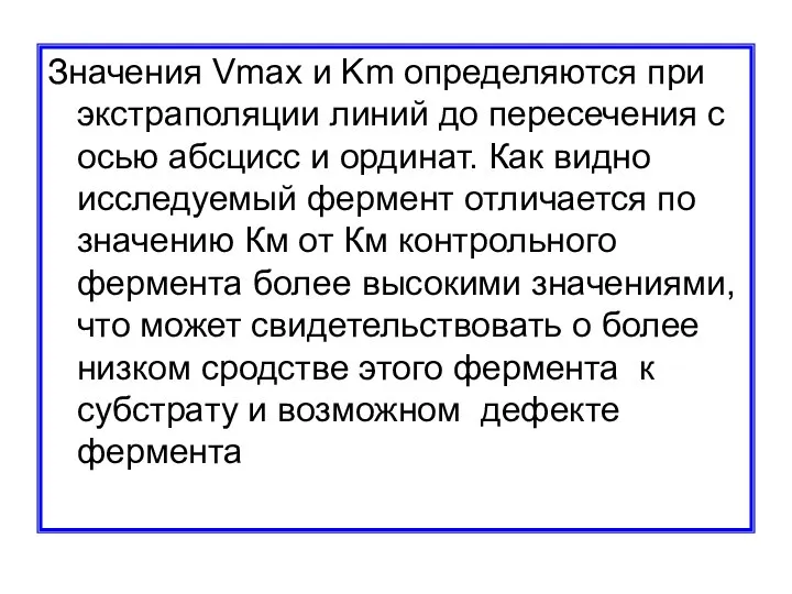 Значения Vmax и Km определяются при экстраполяции линий до пересечения с