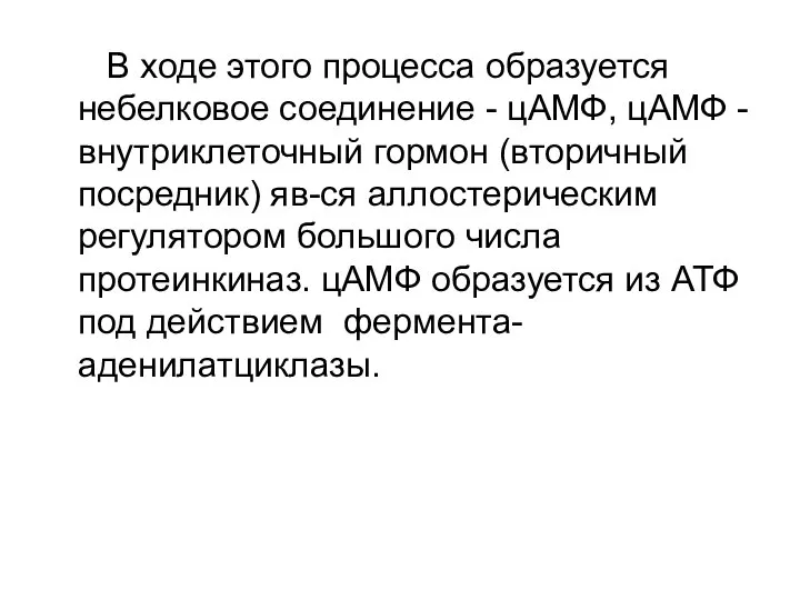 В ходе этого процесса образуется небелковое соединение - цАМФ, цАМФ -