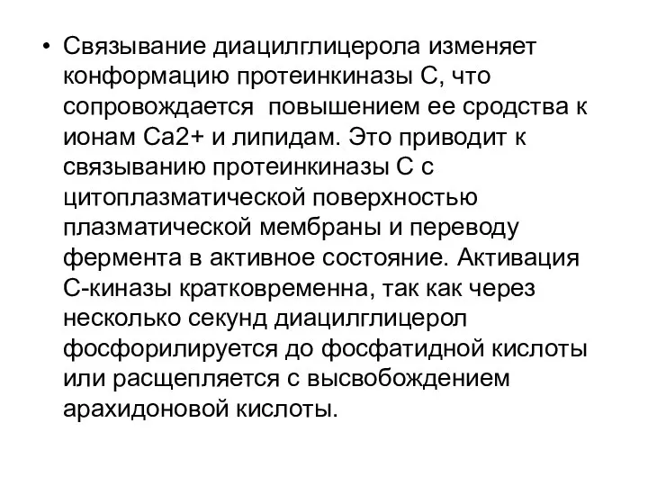 Связывание диацилглицерола изменяет конформацию протеинкиназы С, что сопровождается повышением ее сродства