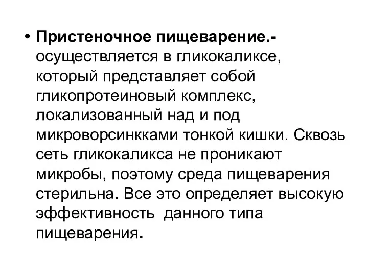 Пристеночное пищеварение.- осуществляется в гликокаликсе, который представляет собой гликопротеиновый комплекс, локализованный