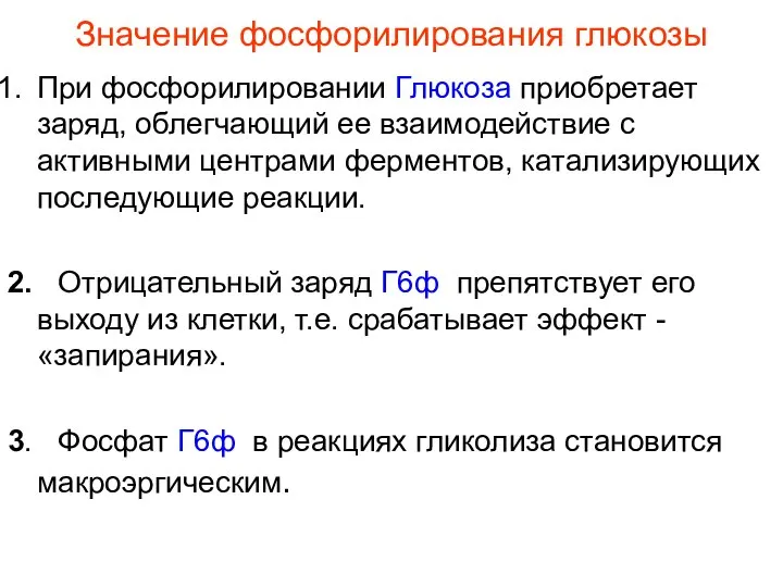 Значение фосфорилирования глюкозы При фосфорилировании Глюкоза приобретает заряд, облегчающий ее взаимодействие