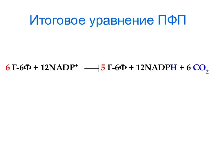 Итоговое уравнение ПФП 6 Г-6Ф + 12NADP+ 5 Г-6Ф + 12NADPH + 6 CO2