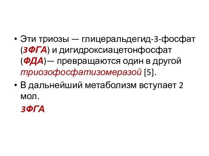 Эти триозы — глицеральдегид-3-фосфат (3ФГА) и дигидроксиацетонфосфат (ФДА)— превращаются один в