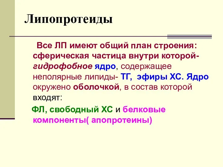 Липопротеиды Все ЛП имеют общий план строения: сферическая частица внутри которой-