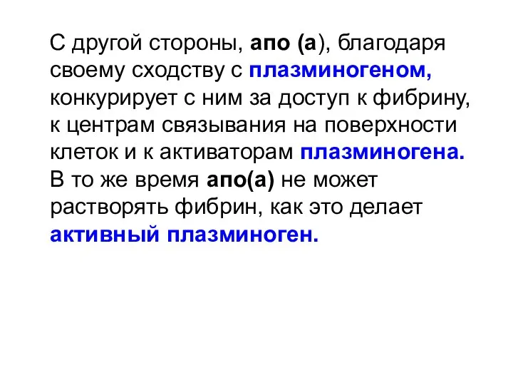 С другой стороны, апо (а), благодаря своему сходству с плазминогеном, конкурирует