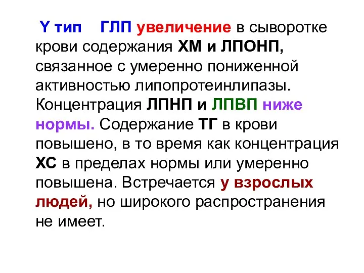 Y тип ГЛП увеличение в сыворотке крови содержания ХМ и ЛПОНП,