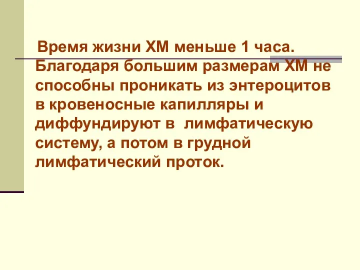 Время жизни ХМ меньше 1 часа. Благодаря большим размерам ХМ не