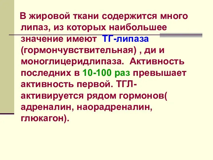 В жировой ткани содержится много липаз, из которых наибольшее значение имеют