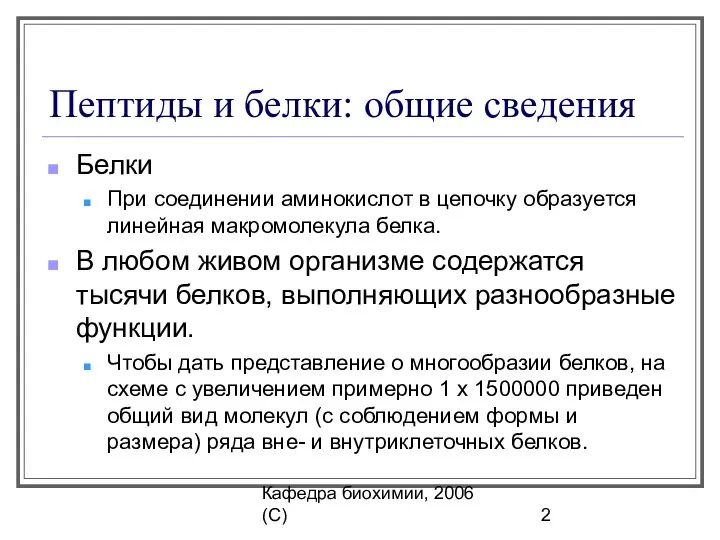 Кафедра биохимии, 2006 (C) Пептиды и белки: общие сведения Белки При