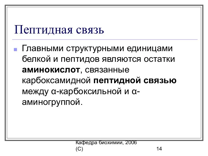 Кафедра биохимии, 2006 (C) Пептидная связь Главными структурными единицами белкой и