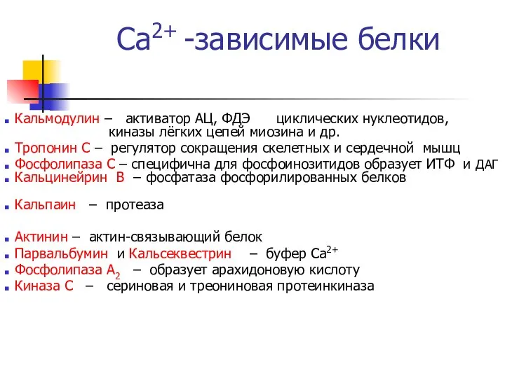 Са2+ -зависимые белки Кальмодулин – активатор АЦ, ФДЭ циклических нуклеотидов, киназы