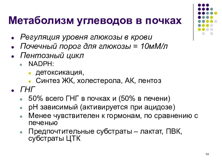 Метаболизм углеводов в почках Регуляция уровня глюкозы в крови Почечный порог