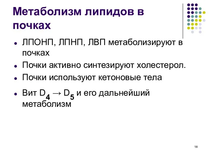 Метаболизм липидов в почках ЛПОНП, ЛПНП, ЛВП метаболизируют в почках Почки