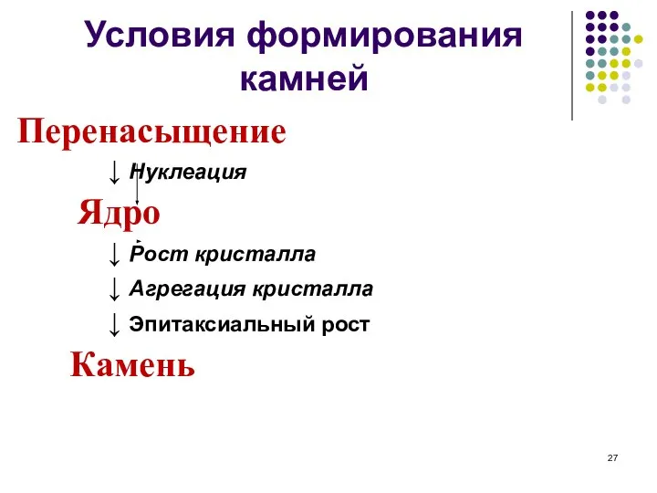 Условия формирования камней Перенасыщение ↓ Нуклеация Ядро ↓ Рост кристалла ↓