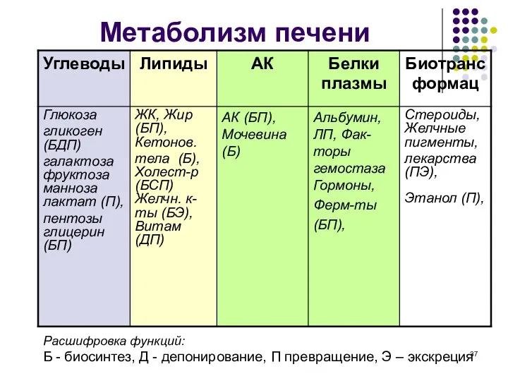 Метаболизм печени Расшифровка функций: Б - биосинтез, Д - депонирование, П превращение, Э – экскреция