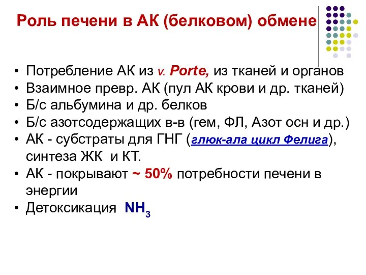 Роль печени в АК (белковом) обмене Потребление АК из V. Porte,