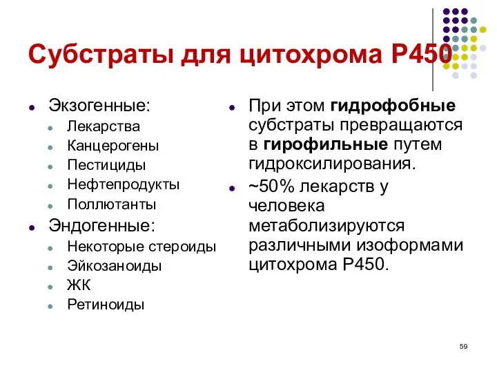 Субстраты для цитохрома P450 Экзогенные: Лекарства Канцерогены Пестициды Нефтепродукты Поллютанты Эндогенные: