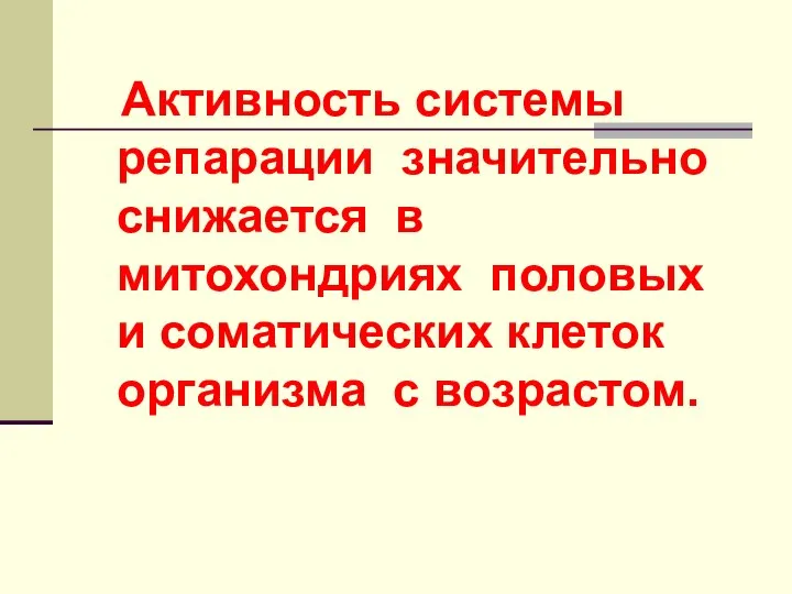 Активность системы репарации значительно снижается в митохондриях половых и соматических клеток организма с возрастом.