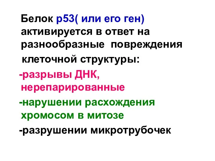 Белок р53( или его ген) активируется в ответ на разнообразные повреждения