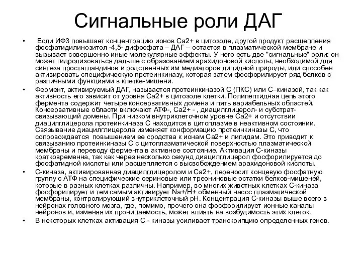 Сигнальные роли ДАГ Если ИФ3 повышает концентрацию ионов Са2+ в цитозоле,