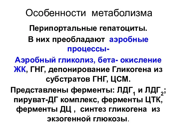 Особенности метаболизма Перипортальные гепатоциты. В них преобладают аэробные процессы- Аэробный гликолиз,