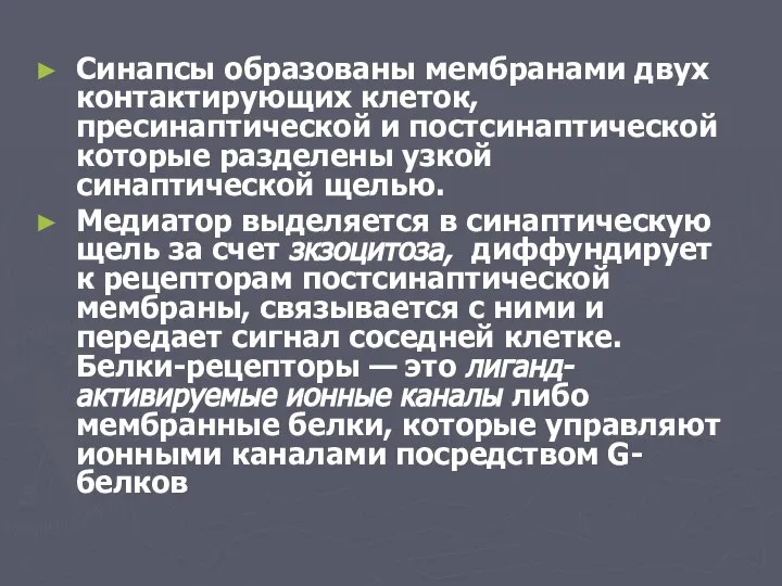 Синапсы образованы мембранами двух контактирующих клеток, пресинаптической и постсинаптической которые разделены