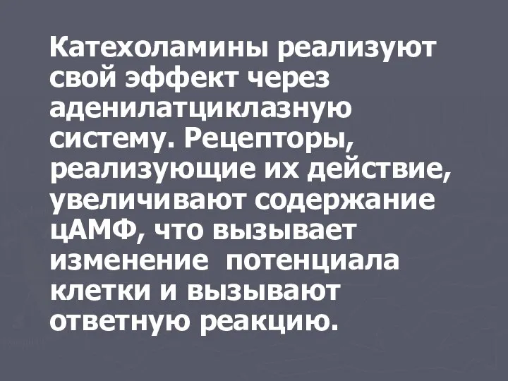 Катехоламины реализуют свой эффект через аденилатциклазную систему. Рецепторы, реализующие их действие,