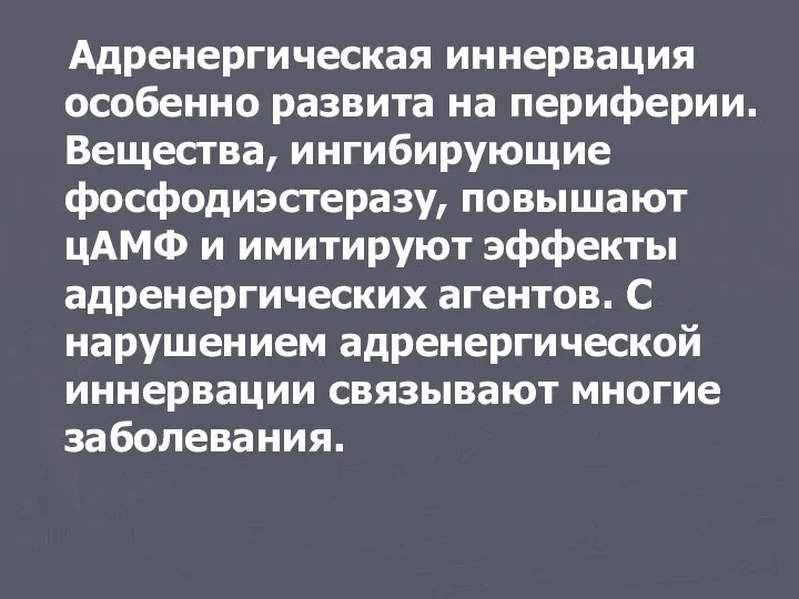 Адренергическая иннервация особенно развита на периферии. Вещества, ингибирующие фосфодиэстеразу, повышают цАМФ