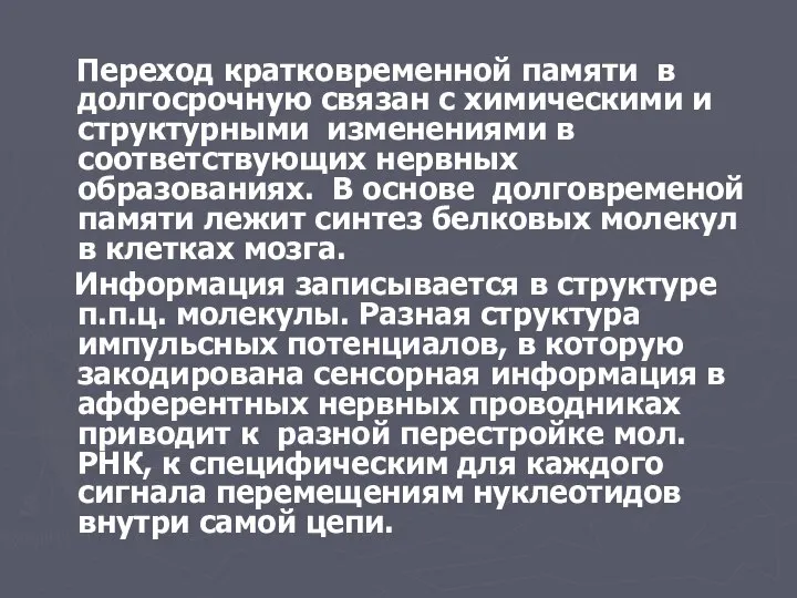 Переход кратковременной памяти в долгосрочную связан с химическими и структурными изменениями