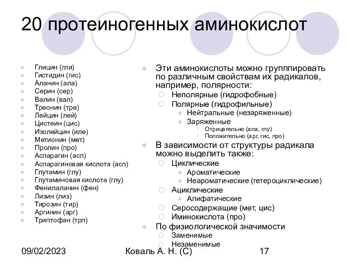 09/02/2023 Коваль А. Н. (С) 20 протеиногенных аминокислот Глицин (гли) Гистидин