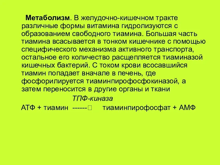 Метаболизм. В желудочно-кишечном тракте различные формы витамина гидролизуются с образованием свободного