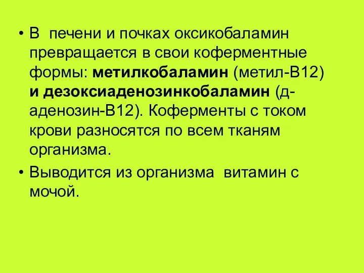 В печени и почках оксикобаламин превращается в свои коферментные формы: метилкобаламин