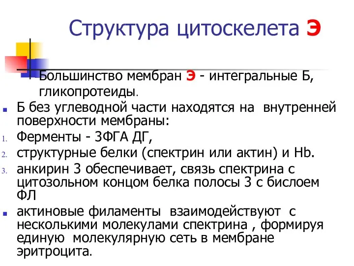 Структура цитоскелета Э Большинство мембран Э - интегральные Б, гликопротеиды. Б