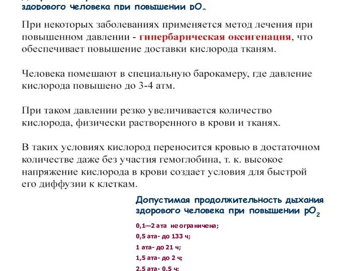 Допустимая продолжительность дыхания здорового человека при повышении рО2 0,1—2 ата не