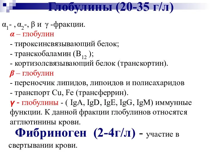 Глобулины (20-35 г/л) α1- , α2-, β и γ -фракции. α