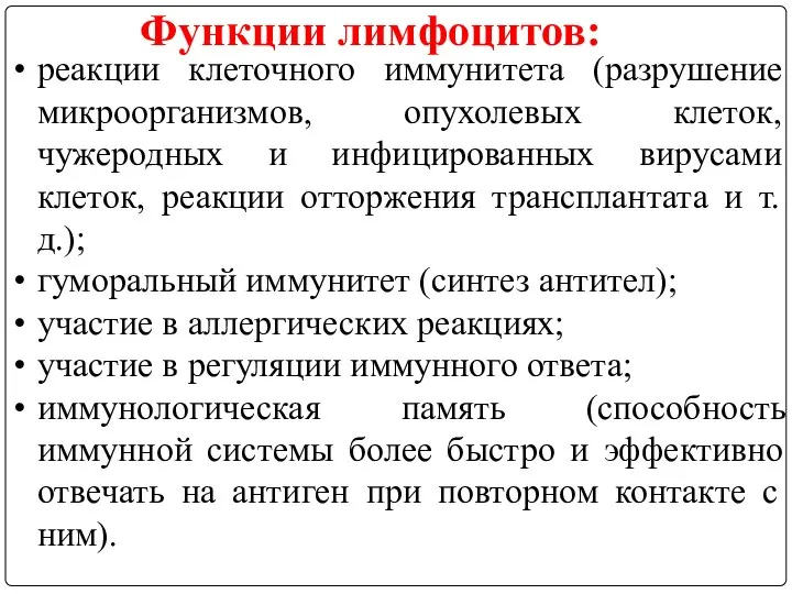 реакции клеточного иммунитета (разрушение микроорганизмов, опухолевых клеток, чужеродных и инфицированных вирусами