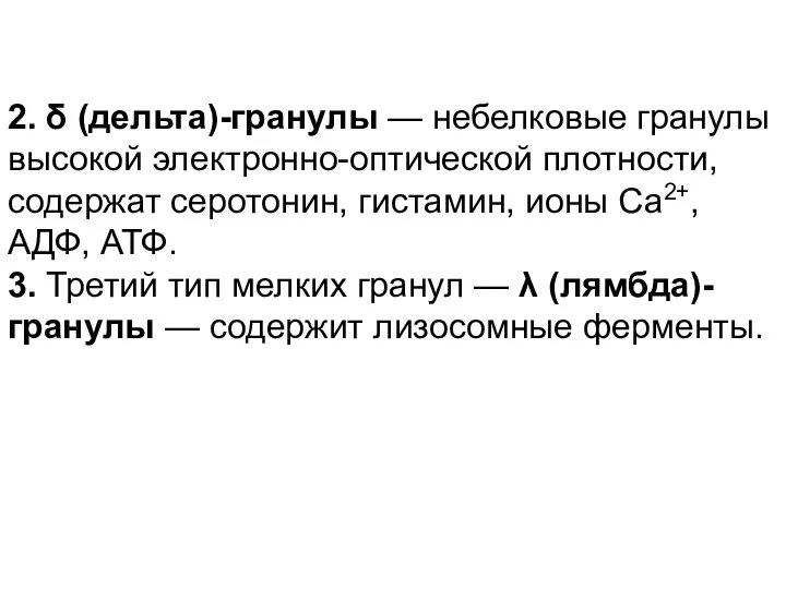 2. δ (дельта)-гранулы — небелковые гранулы высокой электронно-оптической плотности, содержат серотонин,