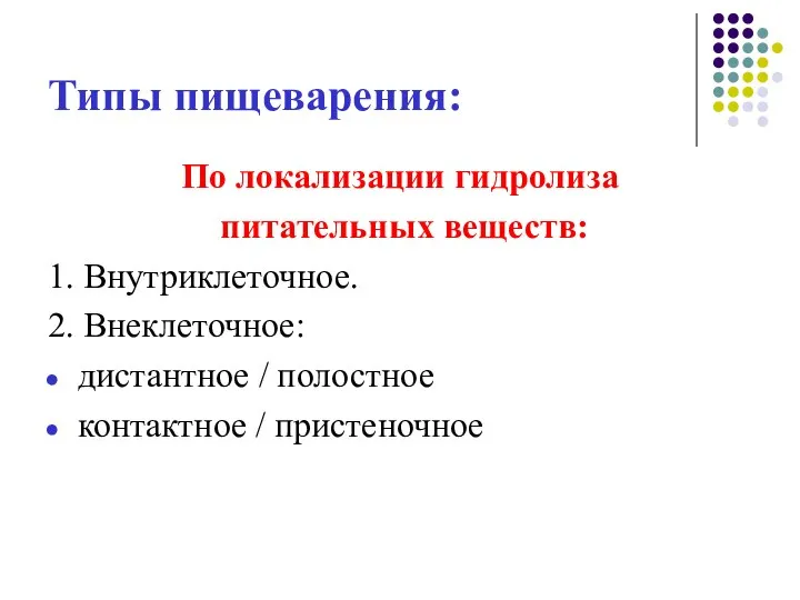 Типы пищеварения: По локализации гидролиза питательных веществ: 1. Внутриклеточное. 2. Внеклеточное: