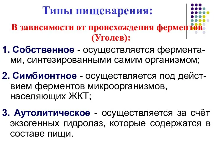 Типы пищеварения: В зависимости от происхождения ферментов (Уголев): 1. Собственное -